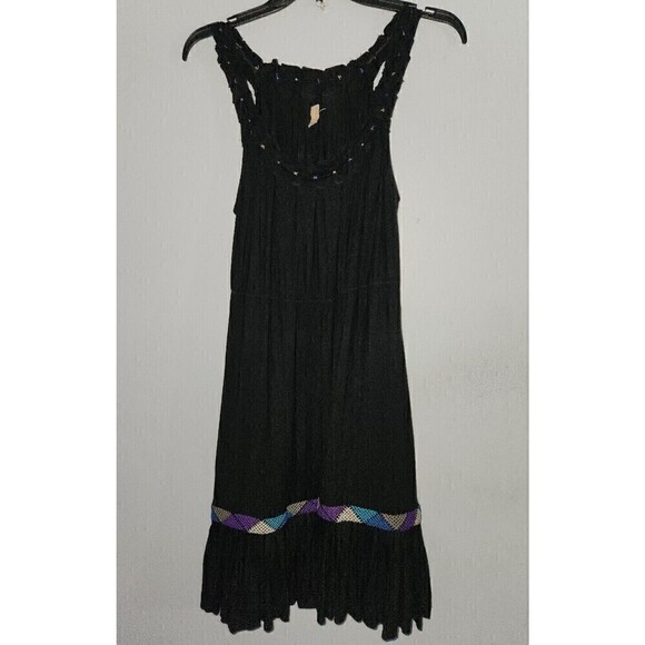 FREE PEOPLE Black Ruffle Hem Aztec Tribal Embroidered Slip Dress M Stretch - Picture 1 of 5